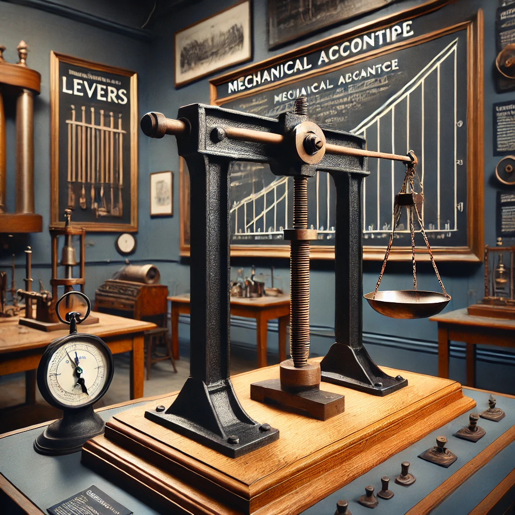 A lever machine displayed in a physics collection. The lever machine should be shown in a traditional educational style, with a large wooden or metal lever balanced on a fulcrum. There are different weights on both sides to demonstrate the concept of mechanical advantage. The setting should include measuring scales, diagrams on a chalkboard or digital screen in the background explaining the physics of levers, and some historical physics tools nearby. The atmosphere should evoke a science exhibit, focusing on the simplicity and elegance of the mechanical principle.
