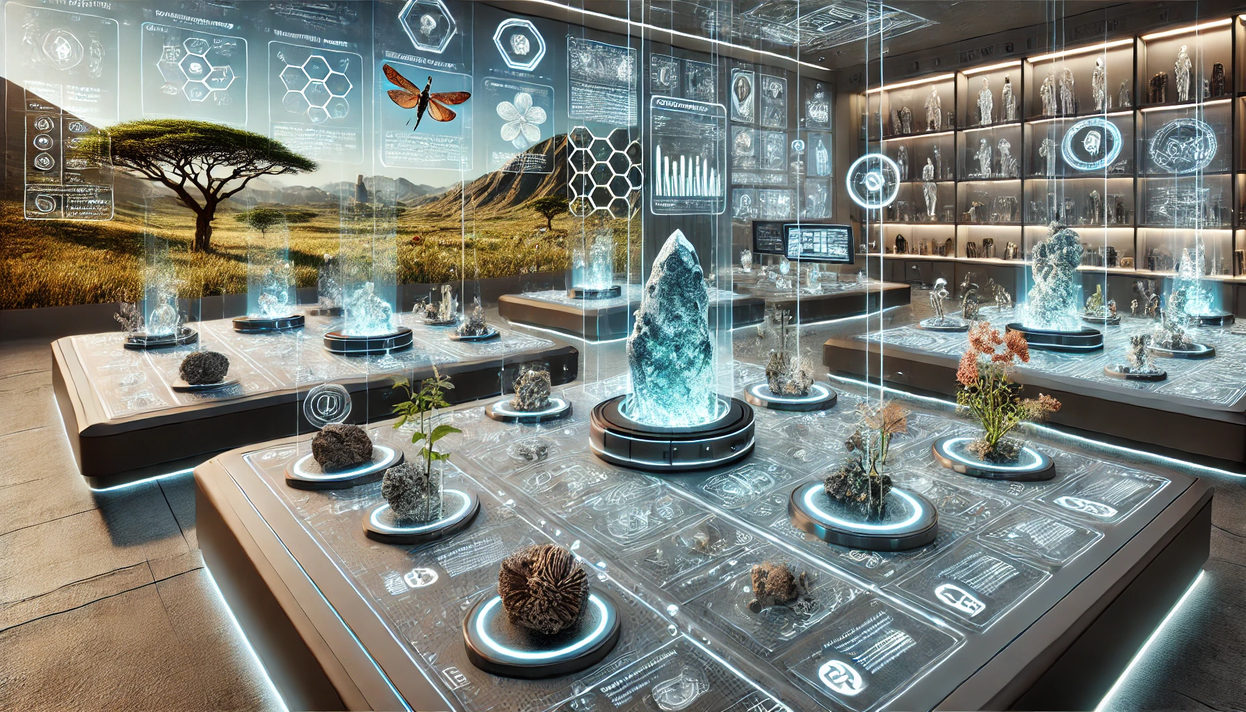 A virtual reality (VR) tour of a scientific collection. The scene should depict a futuristic VR environment where viewers can explore a variety of natural science items such as minerals, fossils, and botanical specimens. Each item is accompanied by a digital floating information panel displaying important details, such as names, origins, and scientific data. The setting should be immersive, with a sleek, modern interface, holographic-style elements, and interactive visuals. The background should include a digital landscape with pathways guiding through different sections of the collection, evoking the feeling of an interactive, educational virtual tour.